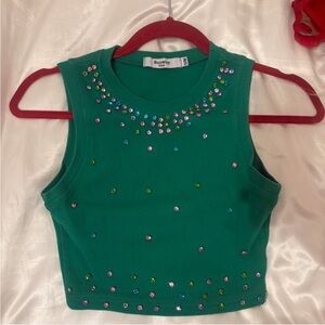 Runway Green Sleeveless Top with Colorful Studs
